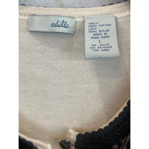 Odille Black Lace Rose Overlay Cardigan Sweater Cream Trim Button Front Size L - Picture 2 of 3